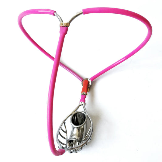 Male Chastity Belt with Half Hollowed Metal Cock Cage - Pink - KeepMeLocked