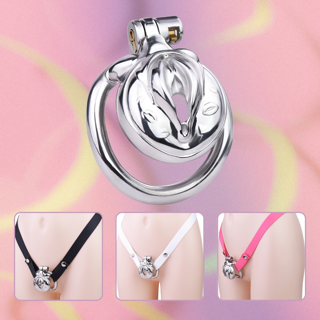 Sissy Metal Clit Chastity Cage with Elastic Strap Fake Vagina Penis Lock Chastity Device