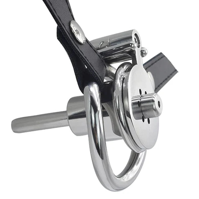 Inverted Chastity Cage with Metal Catheter and PU Strap - KeepMeLocked