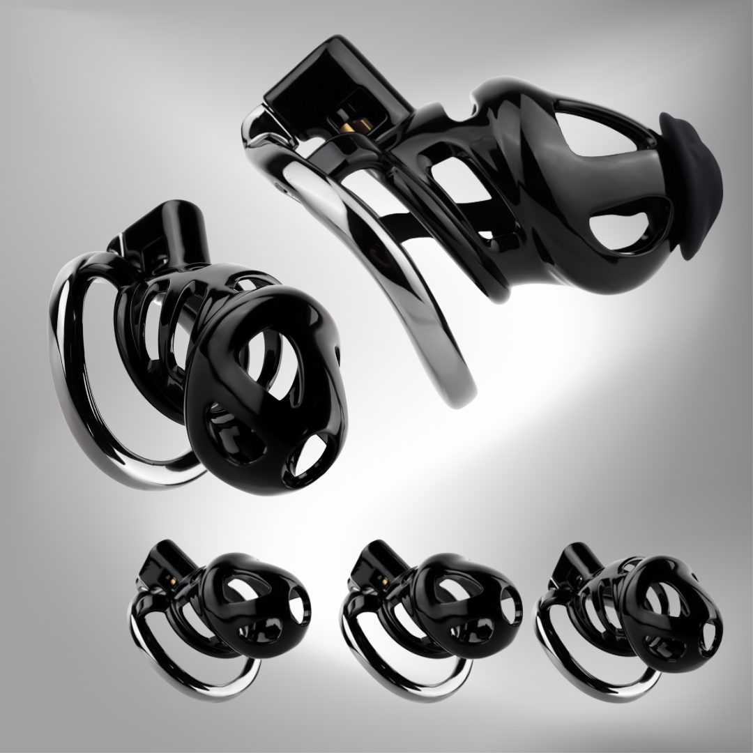 Black Cobra Resin Chastity Cage with 4 Aluminum Alloy Base Rings Lightweight Comfy Cock Lock