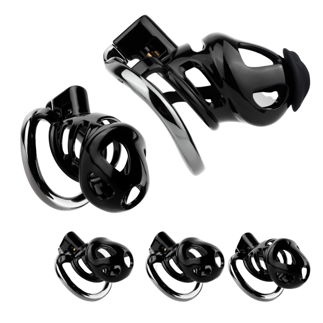 Black Cobra Resin Chastity Cage with 4 Aluminum Alloy Base Rings Lightweight Comfy Cock Lock