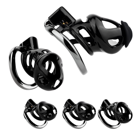 Black Cobra Resin Chastity Cage with 4 Aluminum Alloy Base Rings Lightweight Comfy Cock Lock