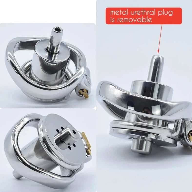 Flat Inverted Chastity Cage with Metal Urethral Catheter - KeepMeLocked
