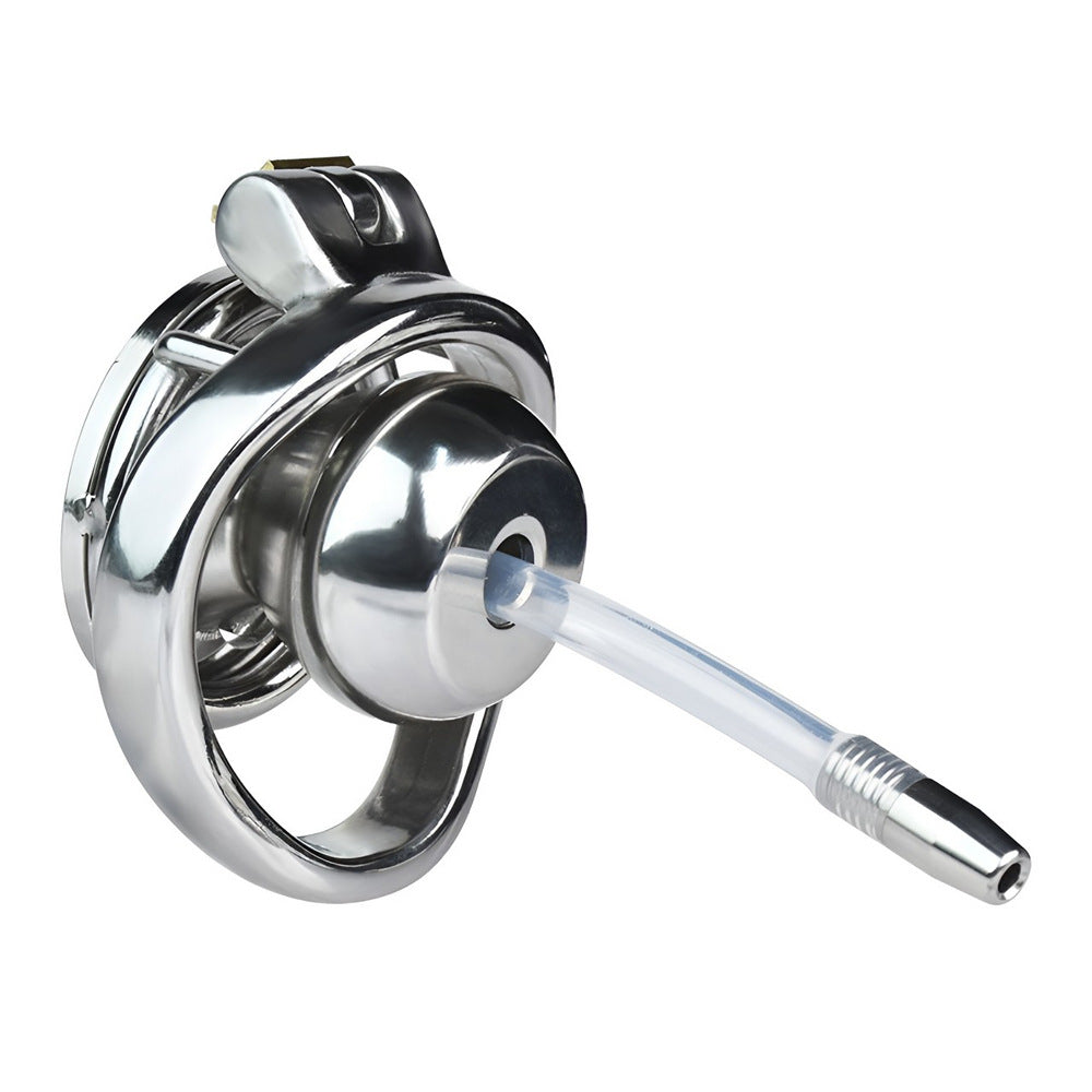 inverted chastity cage with curved penis ring and urethral tube
