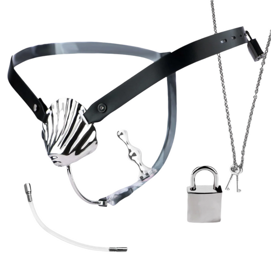 Micro Metal Shell Chastity Cage with Anal Plug and Soft Catheter