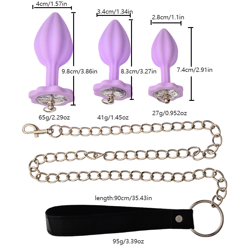 Lilafarbenes Analplug-Set aus Silikon mit Leine