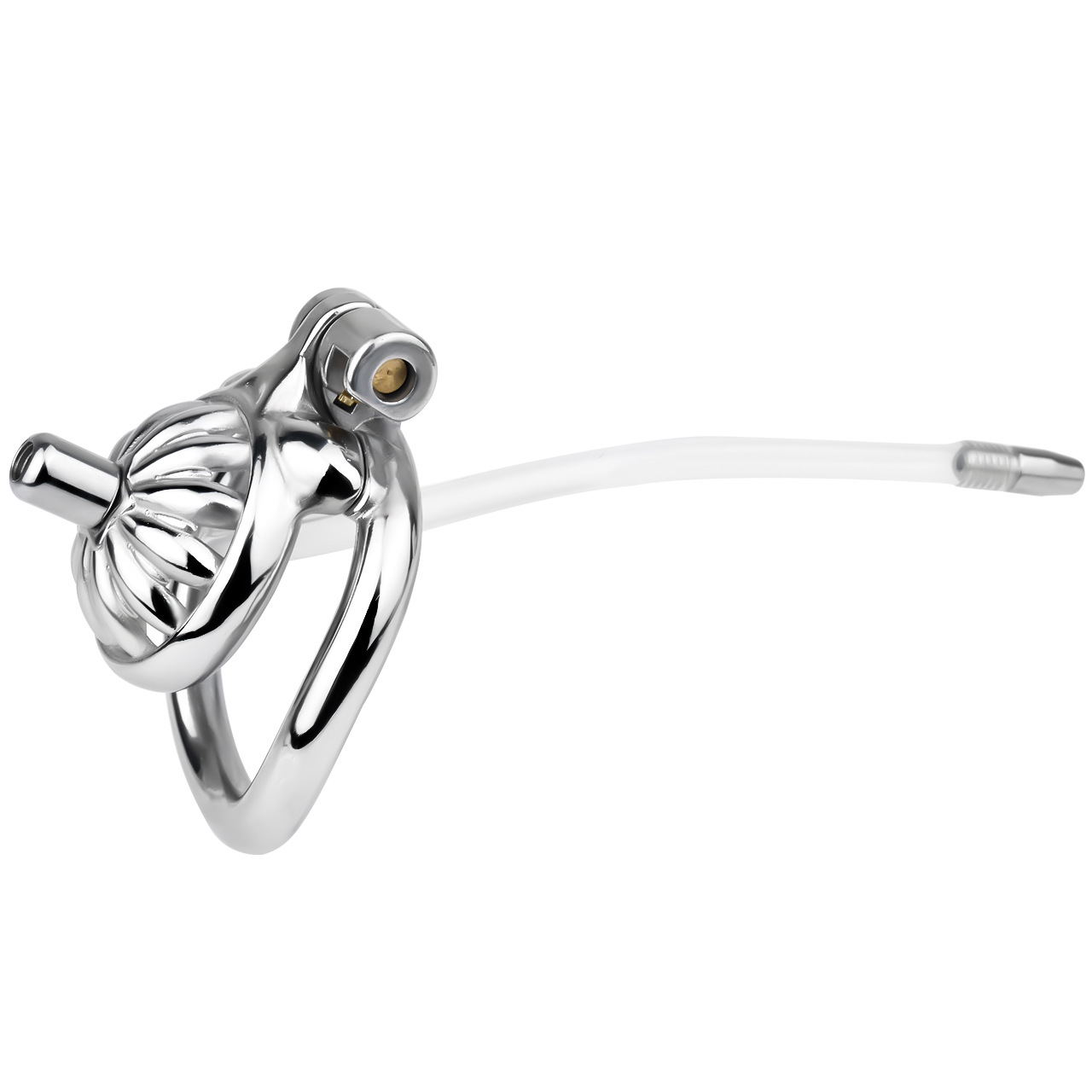 Tiny Metal Sunflower Chastity Cage Micro Flat Cock Cage with Detachable Silicone and Metal Catheter Urethral Tube and PU Belt