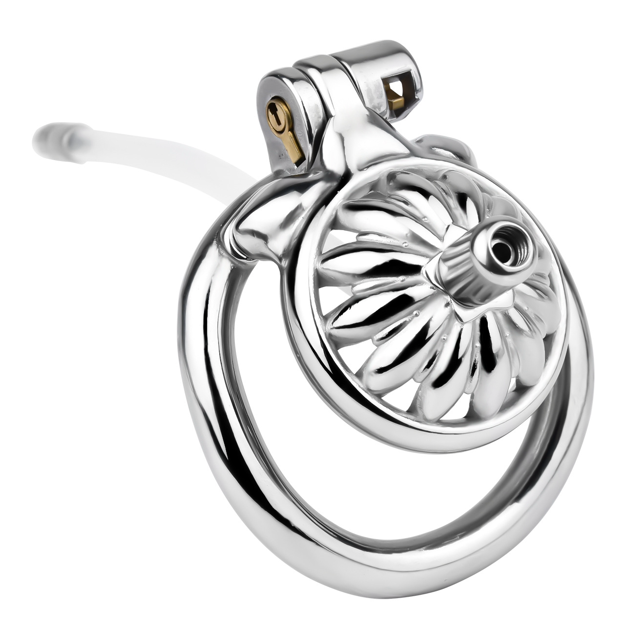Tiny Metal Sunflower Chastity Cage Micro Flat Cock Cage with Detachable Silicone and Metal Catheter Urethral Tube and PU Belt