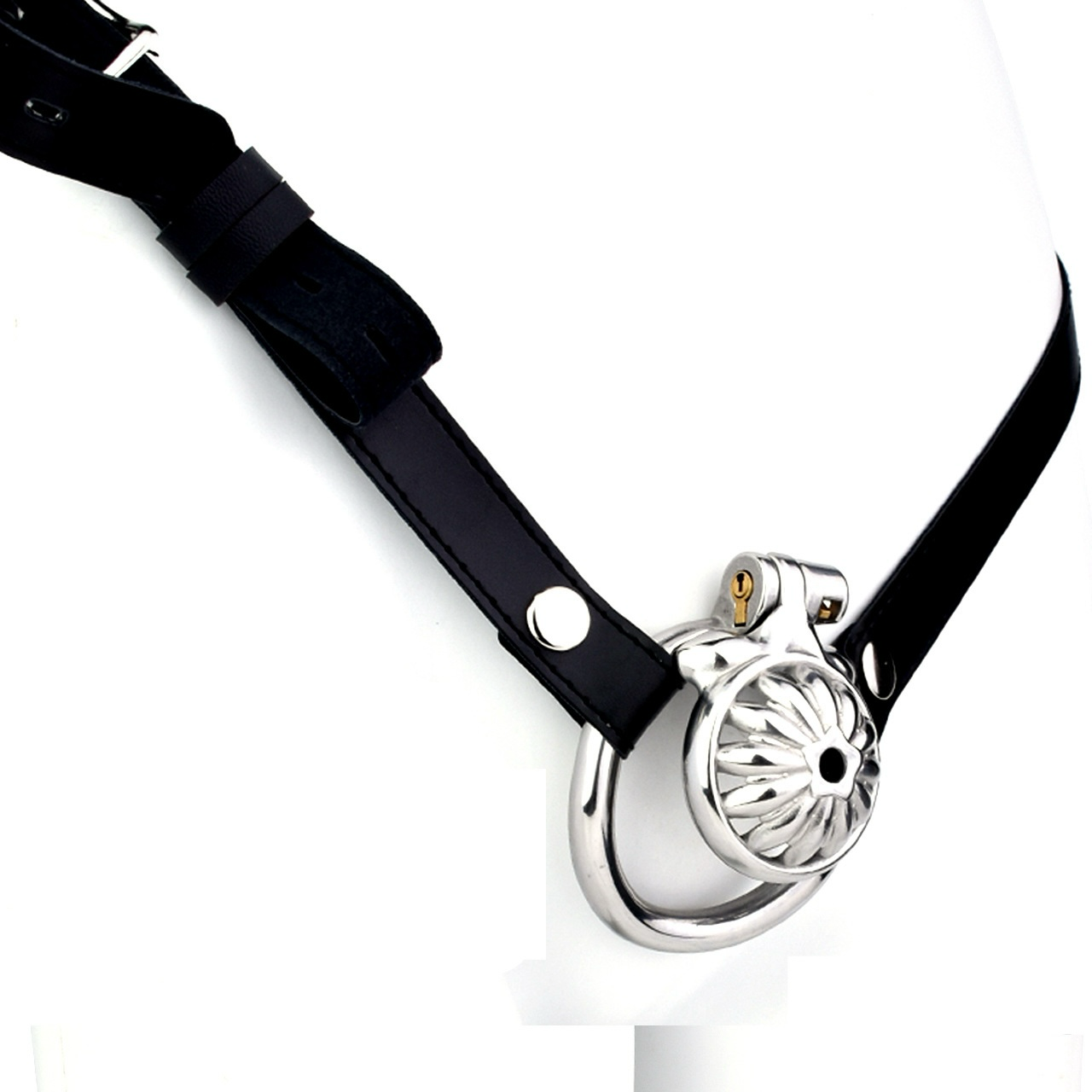 Tiny Metal Sunflower Chastity Cage Micro Flat Cock Cage with Detachable Silicone and Metal Catheter Urethral Tube and PU Belt