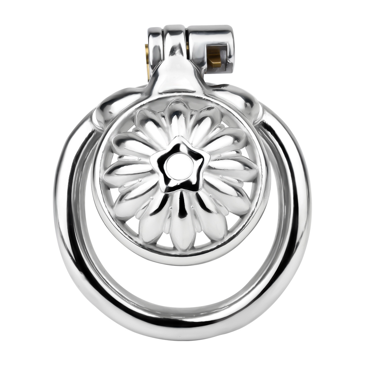 Tiny Metal Sunflower Chastity Cage Micro Flat Cock Cage with Detachable Silicone and Metal Catheter Urethral Tube and PU Belt