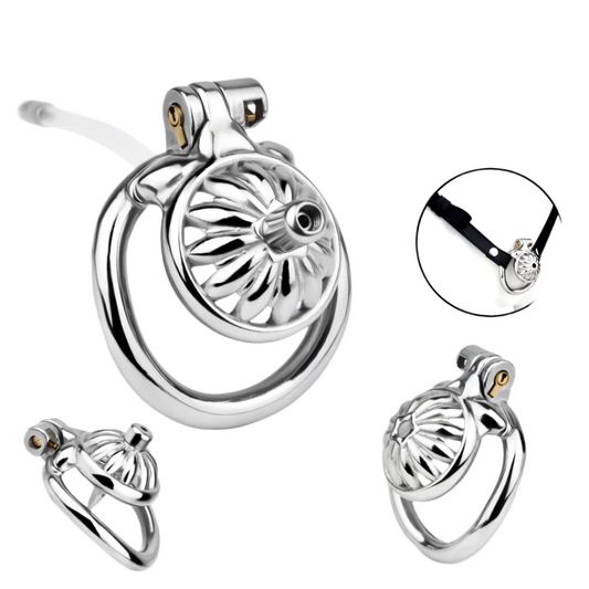 Tiny Metal Sunflower Chastity Cage Micro Flat Cock Cage with Detachable Silicone and Metal Catheter Urethral Tube and PU Belt