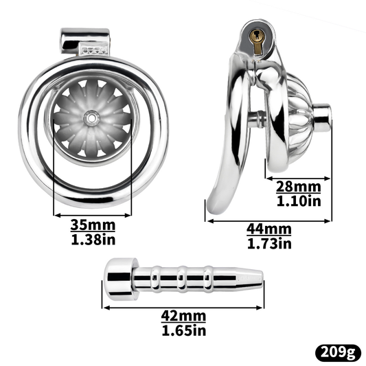 Tiny Metal Sunflower Chastity Cage Micro Flat Cock Cage with Detachable Silicone and Metal Catheter Urethral Tube and PU Belt