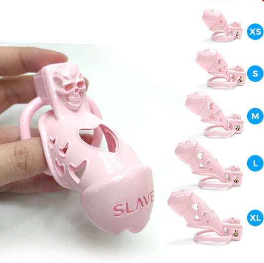 Pink Chastity Cage with Skull For BDSM Slave Play - KeepMeLocked