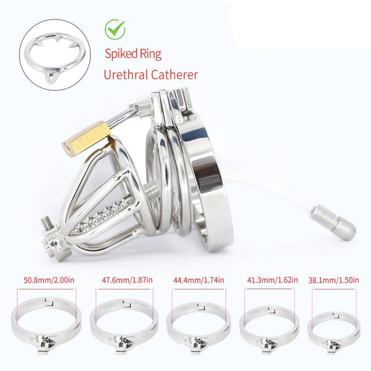 Spiked Metal Chastity Cage with Urethral Catheter - Male Chastity Device - KeepMeLocked