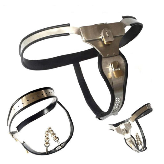 Women's Chastity Belt with Stainless Steel Shield and Anal Vaginal Plug Beads - KeepMeLocked