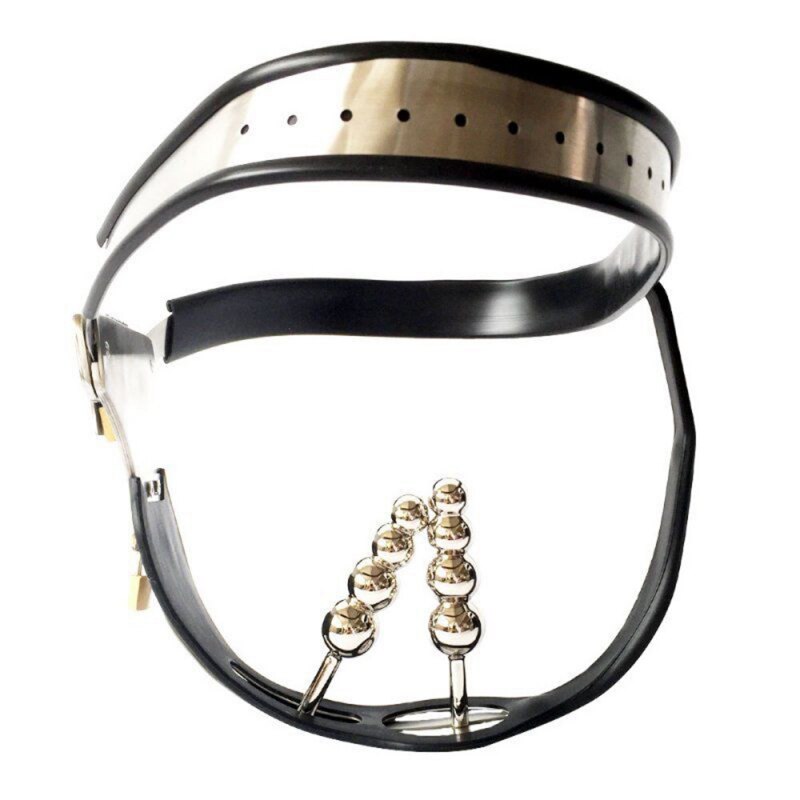 Women's Chastity Belt with Stainless Steel Shield and Anal Vaginal Plug Beads - KeepMeLocked