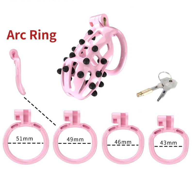 Pink Chastity Cage with 5 Size Penis Rings and Removable Silicone Spikes - KeepMeLocked