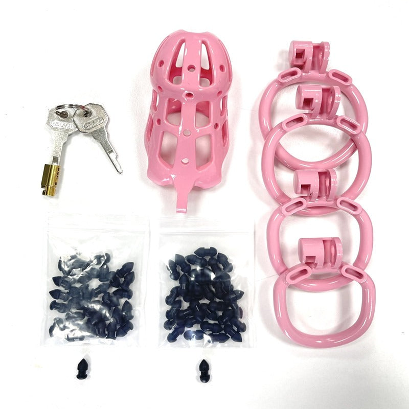 Pink Chastity Cage with 5 Size Penis Rings and Removable Silicone Spikes - KeepMeLocked