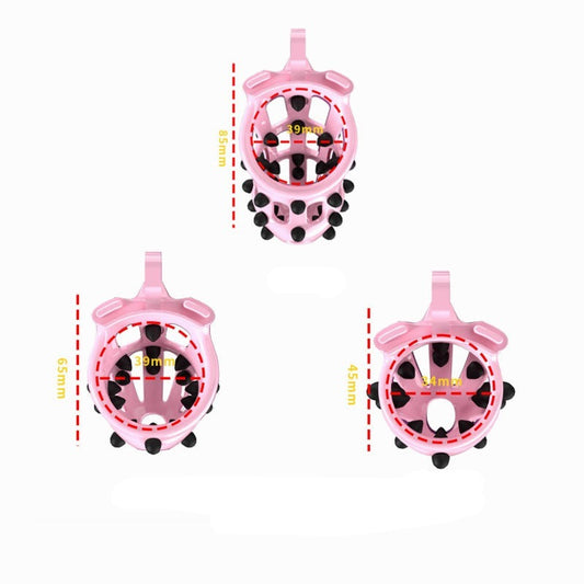 Pink Chastity Cage with 5 Size Penis Rings and Removable Silicone Spikes - KeepMeLocked