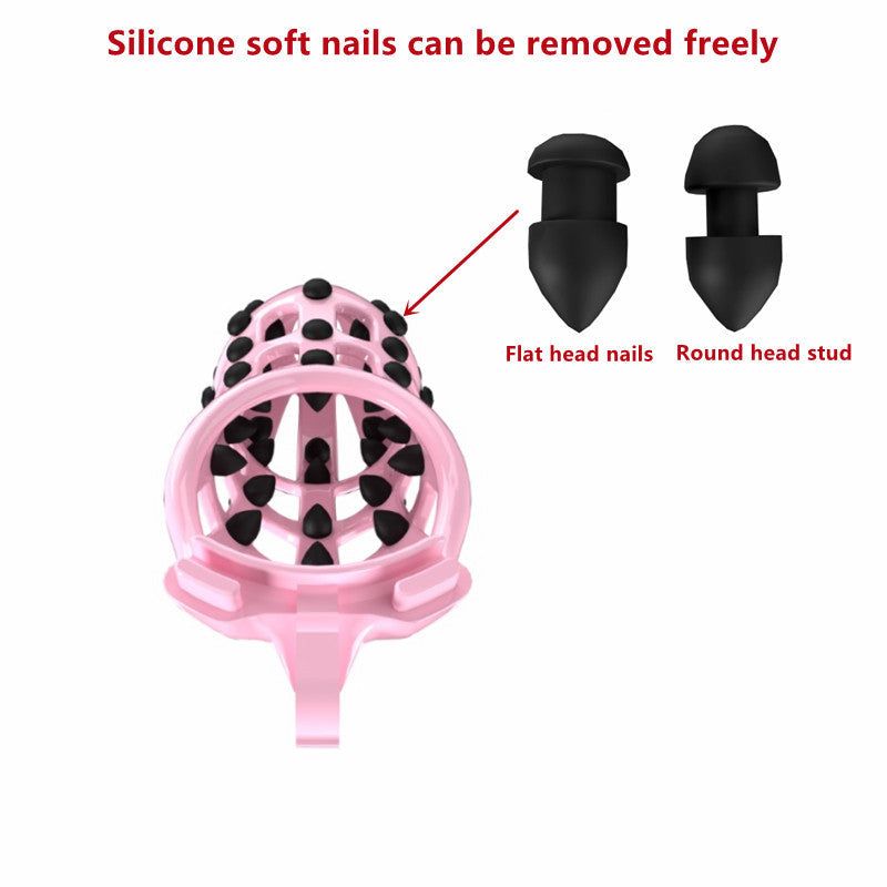 Pink Chastity Cage with 5 Size Penis Rings and Removable Silicone Spikes - KeepMeLocked