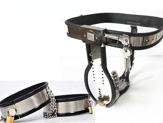 Stainless Steel Male Chastity Belt with T-Belt Device, Neck Collar, Thigh Ring, and Scrotum Restraint - KeepMeLocked