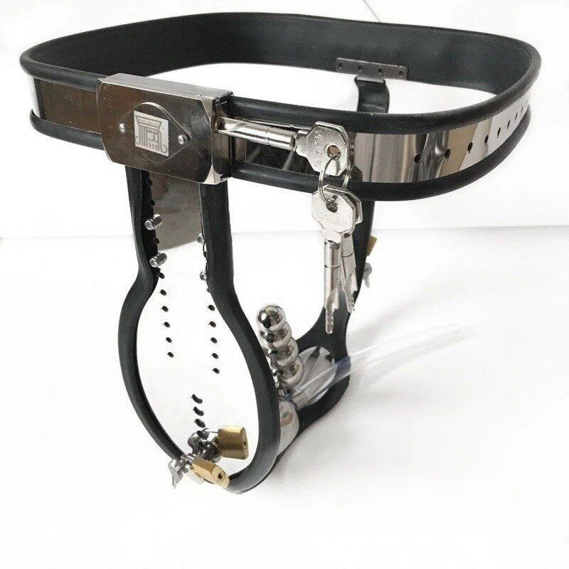 Stainless Steel Male Chastity Belt with T-Belt Device, Neck Collar, Thigh Ring, and Scrotum Restraint - KeepMeLocked