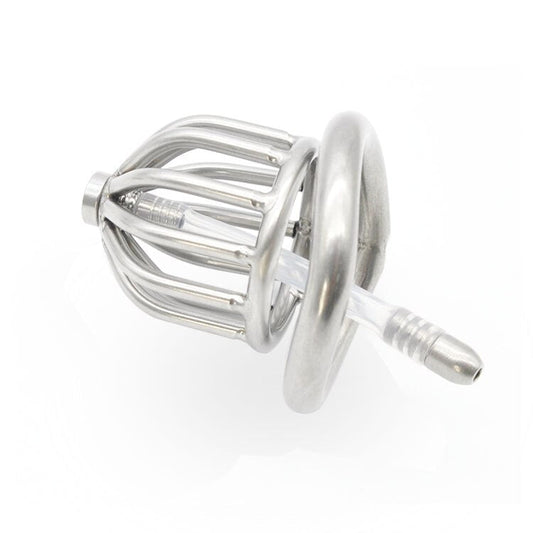 Small Metal Chastity Cock Cage For Men with Urinary Catheter, Penis Ring, and Lock - KeepMeLocked