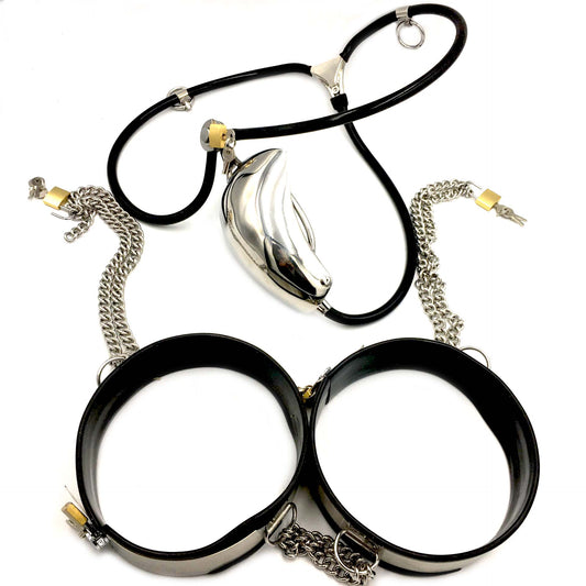 Cock Cage Chastity Belt: Stainless Steel Male Slave Panties with Thigh Cuffs, Chain Shield, and Locking Design - KeepMeLocked