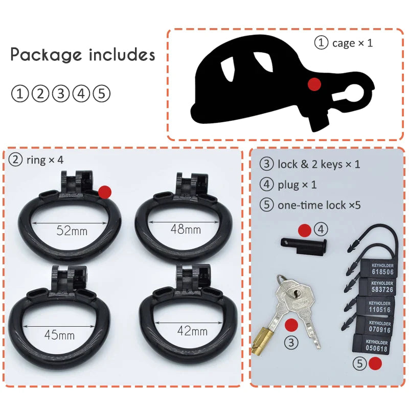 Tiny Turtle Plastic Chastity Cage with 4 Penis Rings and Lock