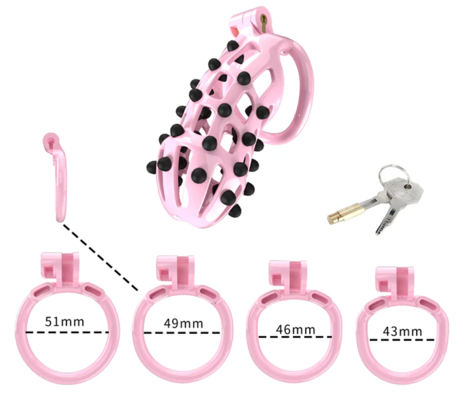Pink Chastity Cage with 5 Size Penis Rings and Removable Silicone Spikes - KeepMeLocked