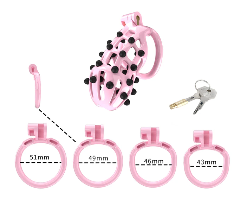 Pink Chastity Cage with 5 Size Penis Rings and Removable Silicone Spikes - KeepMeLocked