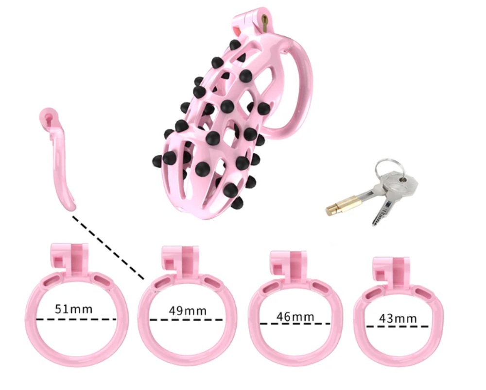 Pink Chastity Cage with 5 Size Penis Rings and Removable Silicone Spikes - KeepMeLocked