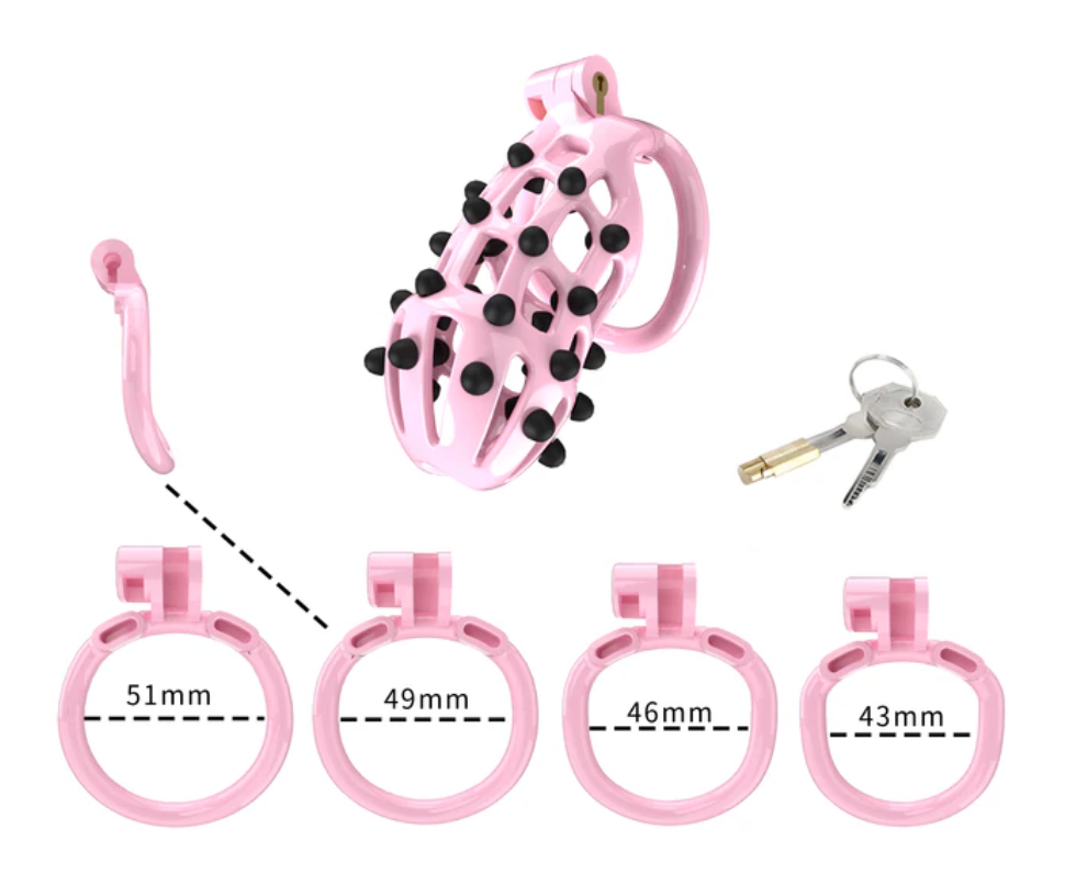 Pink Chastity Cage with 5 Size Penis Rings and Removable Silicone Spikes - KeepMeLocked