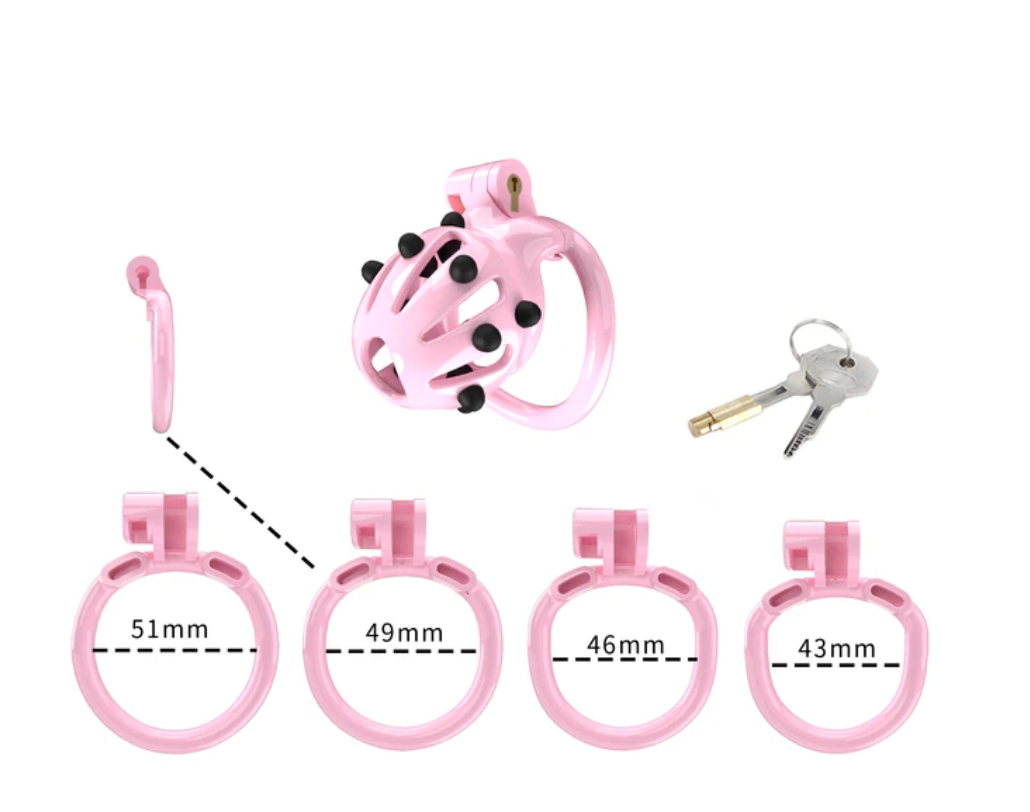 Pink Chastity Cage with 5 Size Penis Rings and Removable Silicone Spikes - KeepMeLocked