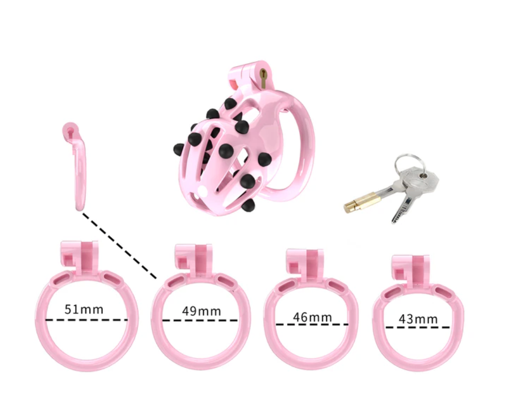 Pink Chastity Cage with 5 Size Penis Rings and Removable Silicone Spikes - KeepMeLocked