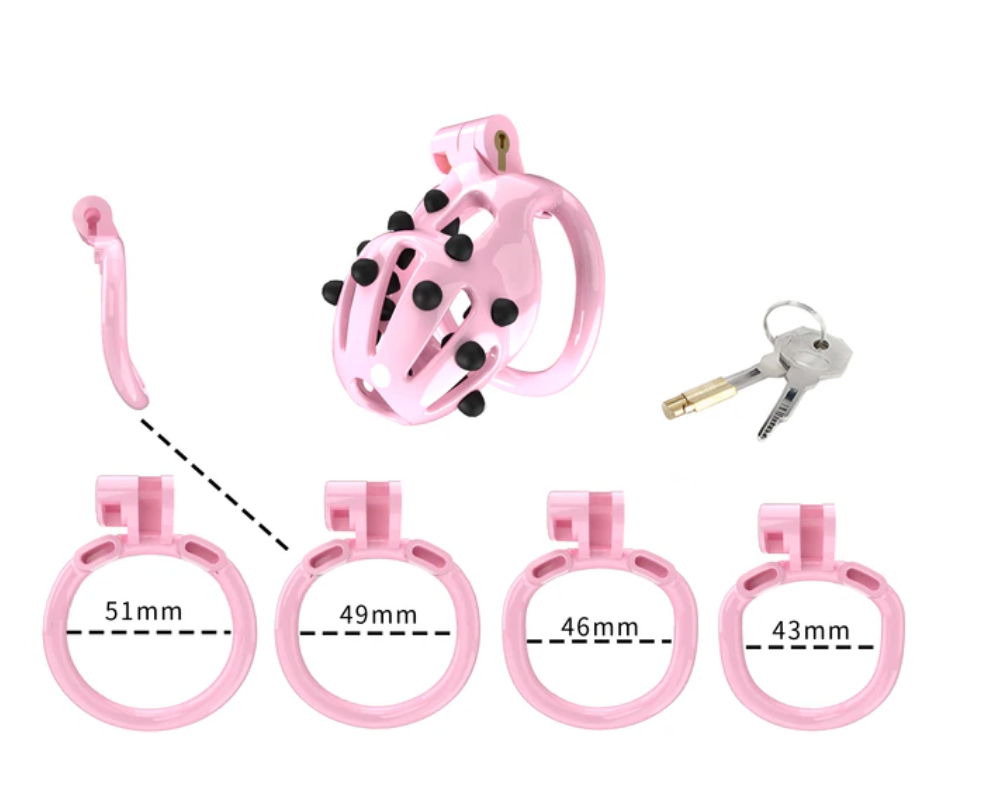 Pink Chastity Cage with 5 Size Penis Rings and Removable Silicone Spikes - KeepMeLocked