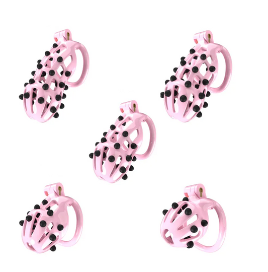 Pink Chastity Cage with 5 Size Penis Rings and Removable Silicone Spikes - KeepMeLocked
