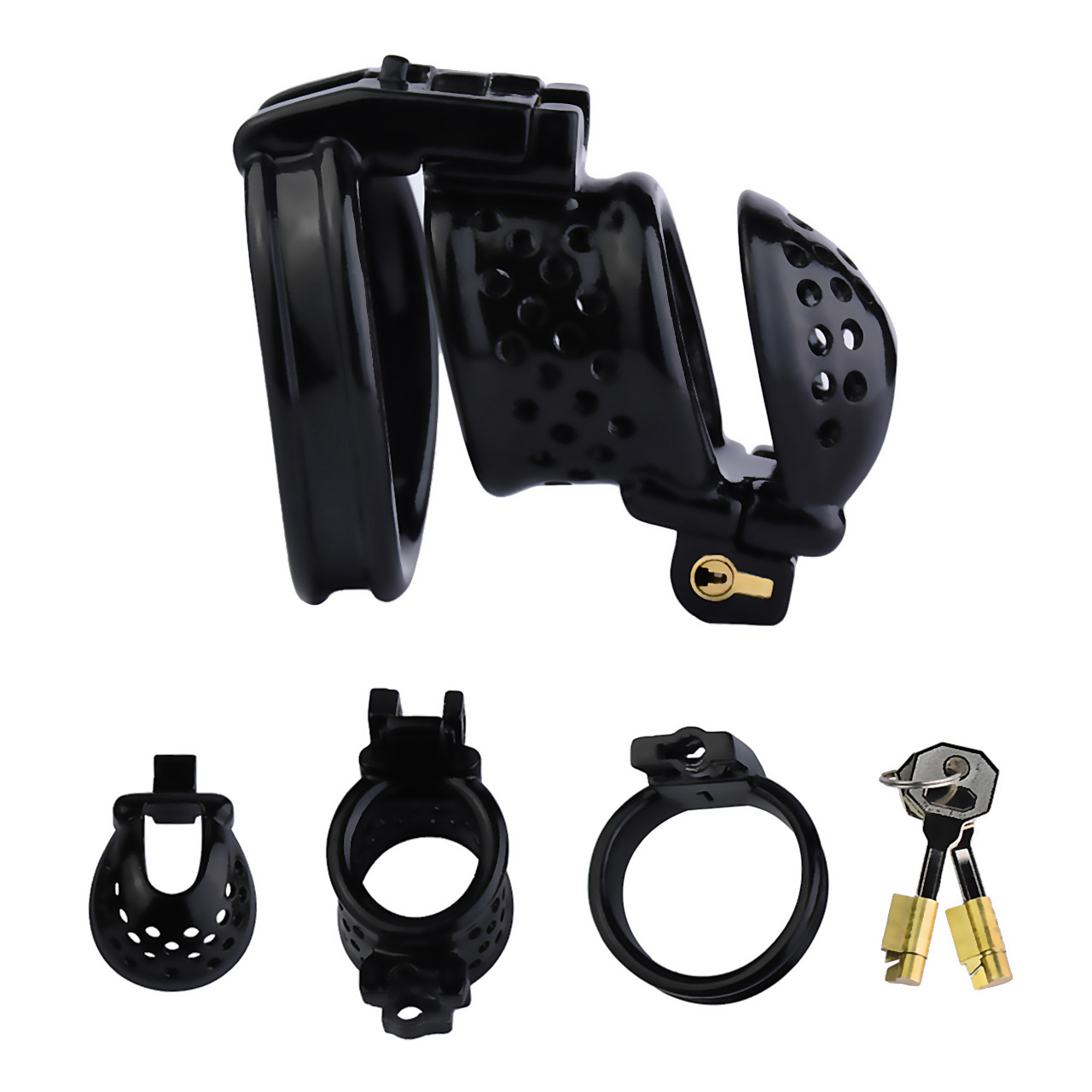 Double-Locked Black Resin Chastity Cage with Detachable Cap Breathable Comfortable Cock Cage