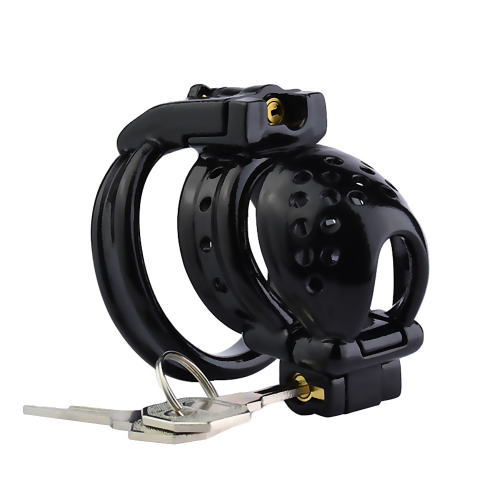 Double-Locked Black Resin Chastity Cage with Detachable Cap Breathable Comfortable Cock Cage