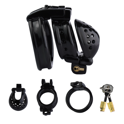 Double-Locked Black Resin Chastity Cage with Detachable Cap Breathable Comfortable Cock Cage