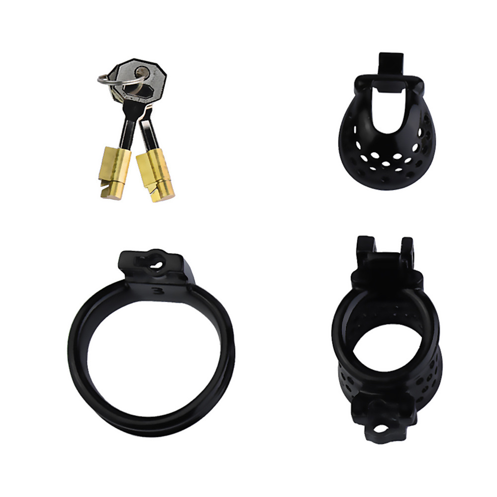 Double-Locked Black Resin Chastity Cage with Detachable Cap Breathable Comfortable Cock Cage