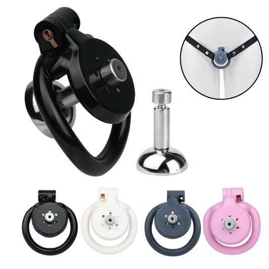 2-in-1 Inverted & Flat Chastity Cage with Removable Plug + 4 Rings