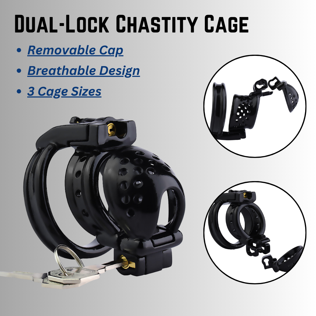 Double-Locked Black Resin Chastity Cage with Detachable Cap Breathable Comfortable Cock Cage