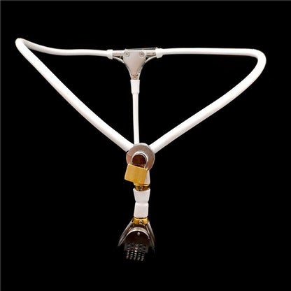 Female BDSM Bondage Chastity Belt: Thong in Stainless Steel and Silicone, with Anal and Vaginal Plugs - KeepMeLocked