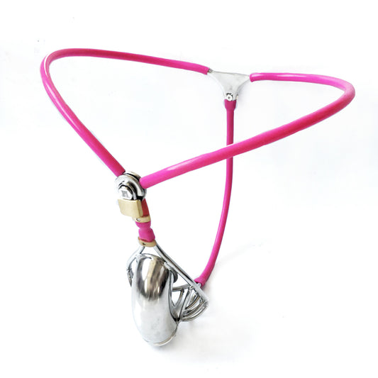 Male Chastity Belt with Half Hollowed Metal Cock Cage - Pink - KeepMeLocked