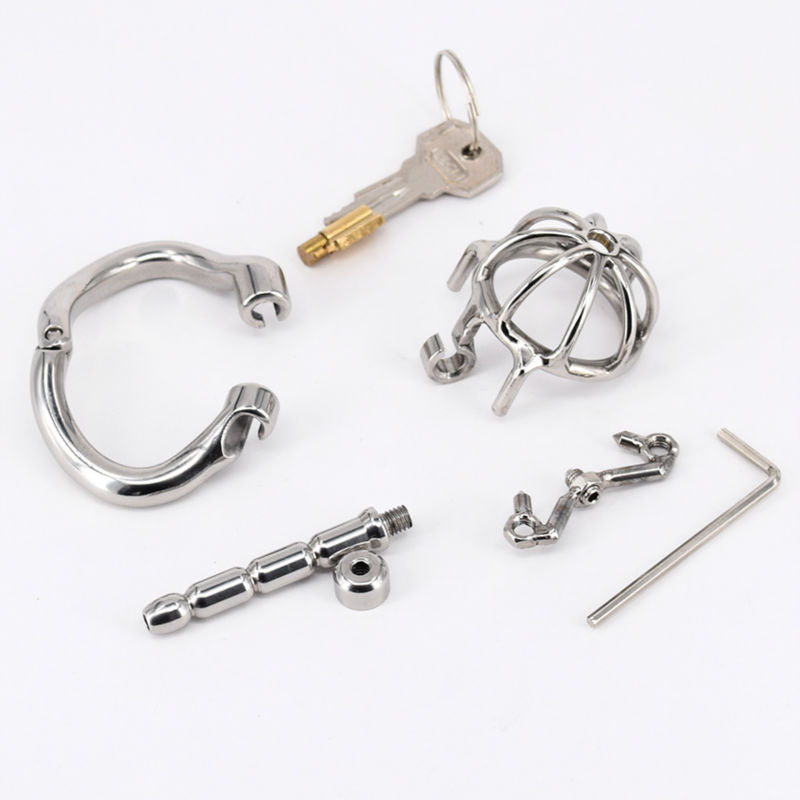 Spiked Chastity Cage in Stainless Steel with Urethral Stretcher Dilator - KeepMeLocked