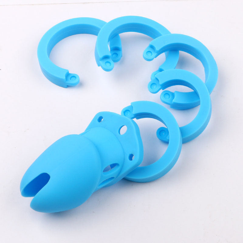 Soft Silicone Chastity Cage Set with 5 Penis Rings - Blue - KeepMeLocked