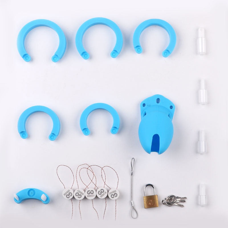 Soft Silicone Chastity Cage Set with 5 Penis Rings - Blue - KeepMeLocked