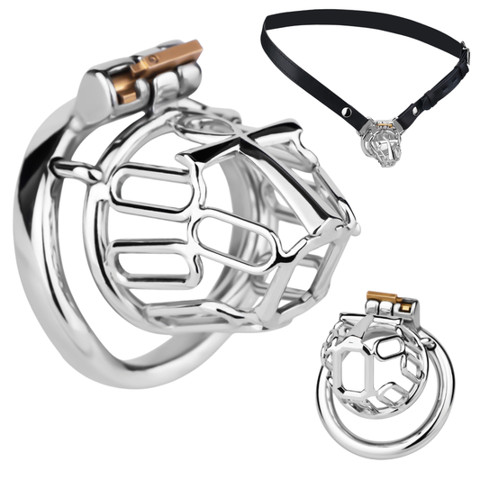 Metal chastity device with a black leather strap