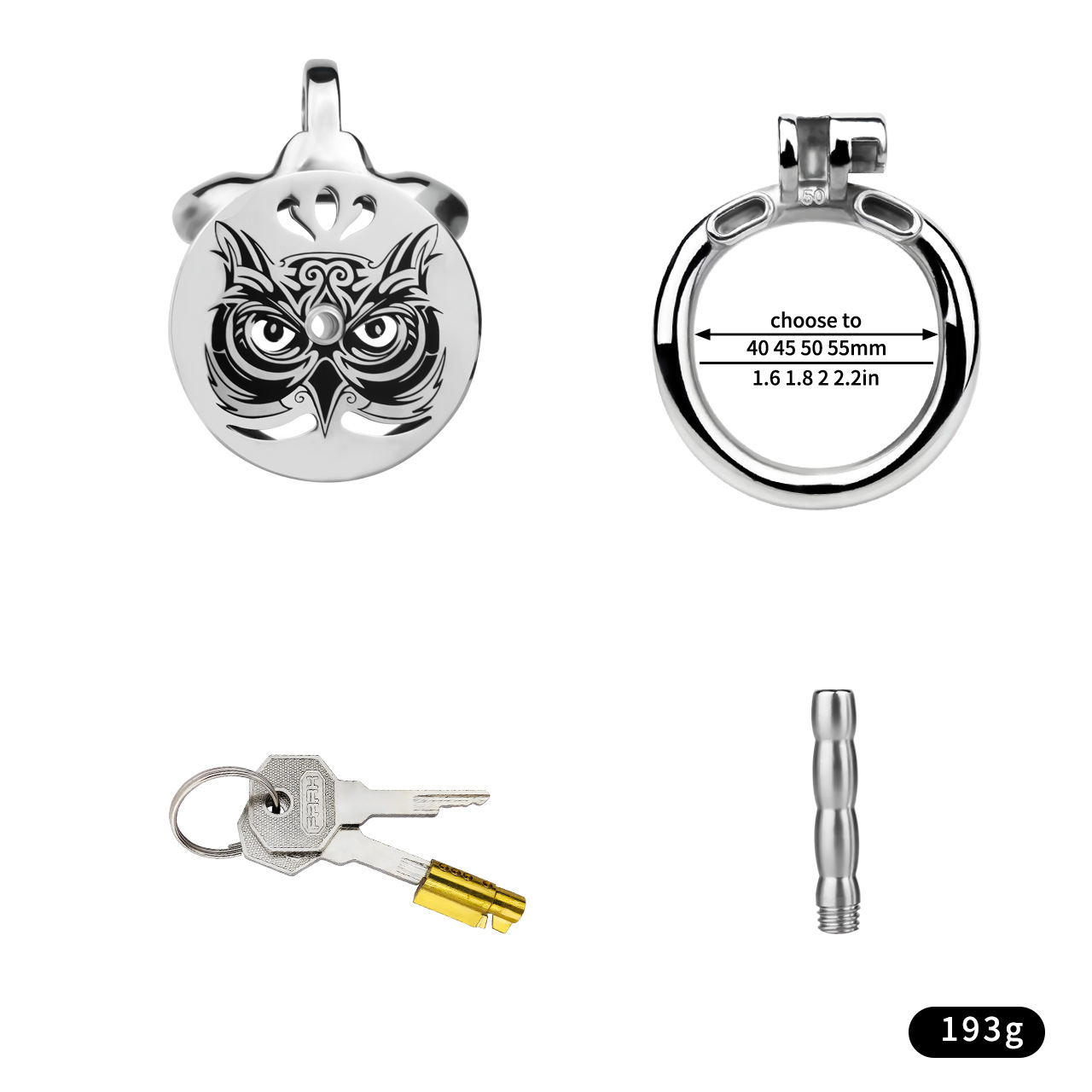 Midnight Owl Flat Stainless Steel Chastity Cage with Removable Urethral Catheter